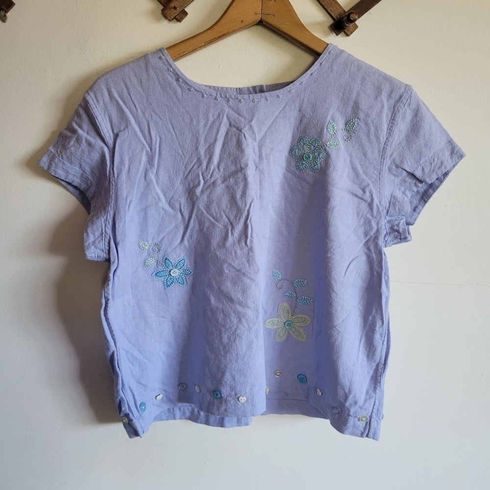 Vintage Y2k Christopher & Banks Linen Blend Short Sleeve Blouse Blue Medium M
